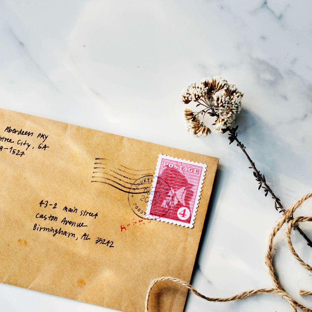 Ein brauner Umschlag mit roter Briefmarke und handgeschriebener Adresse liegt auf einer weißen Marmorfläche neben einer getrockneten Blume und einem Stück Schnur. Ein Bild, das einlädt, den stoisch bleiben Newsletter zu abonnieren