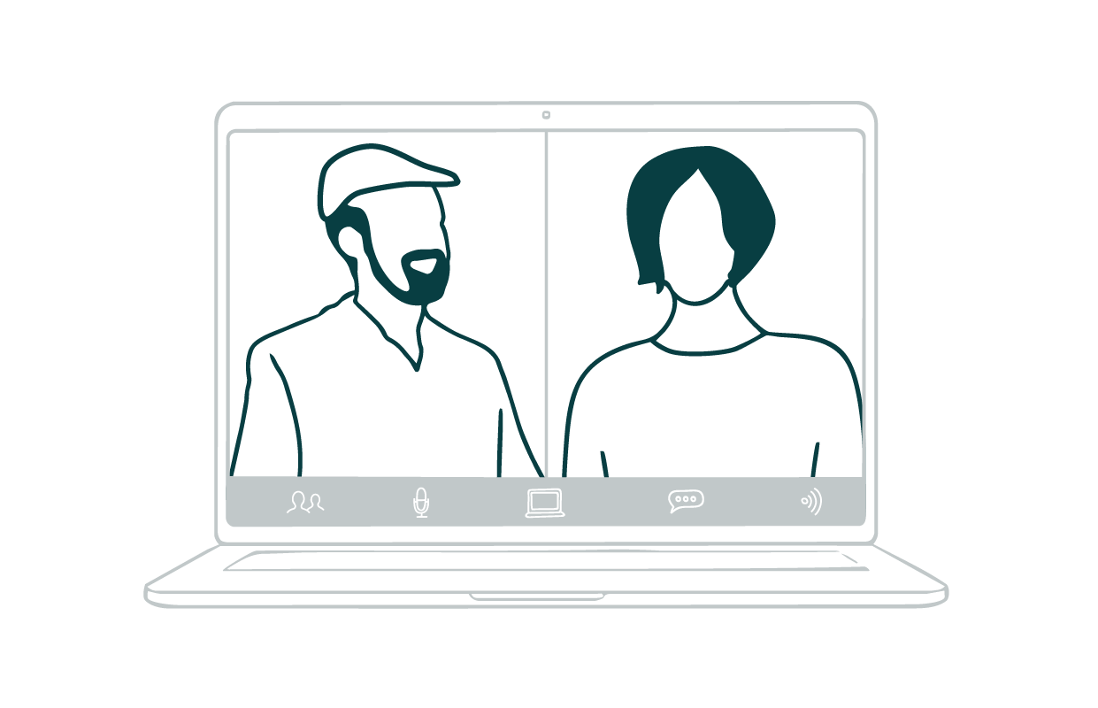 Eine einfache Strichzeichnung zeigt zwei Personen – eine mit Hut und Bart, die andere mit kurzen Haaren – bei einem Videoanruf, der auf einem Laptop-Bildschirm zu sehen ist. Unterhalb ihrer Abbildungen sind Symbole für die Steuerung des Videoanrufs zu sehen.